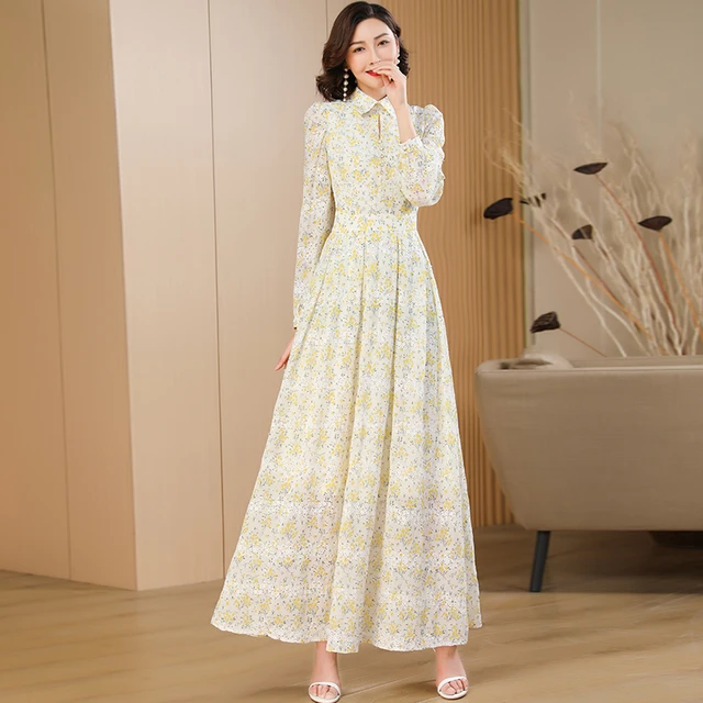 Office Lady Spring Autumn Long Sleeve Dress for Women Floral Printed Long Dress Fashion Trends Maxi Dresses Ball Down Maxi Dress AliExpress