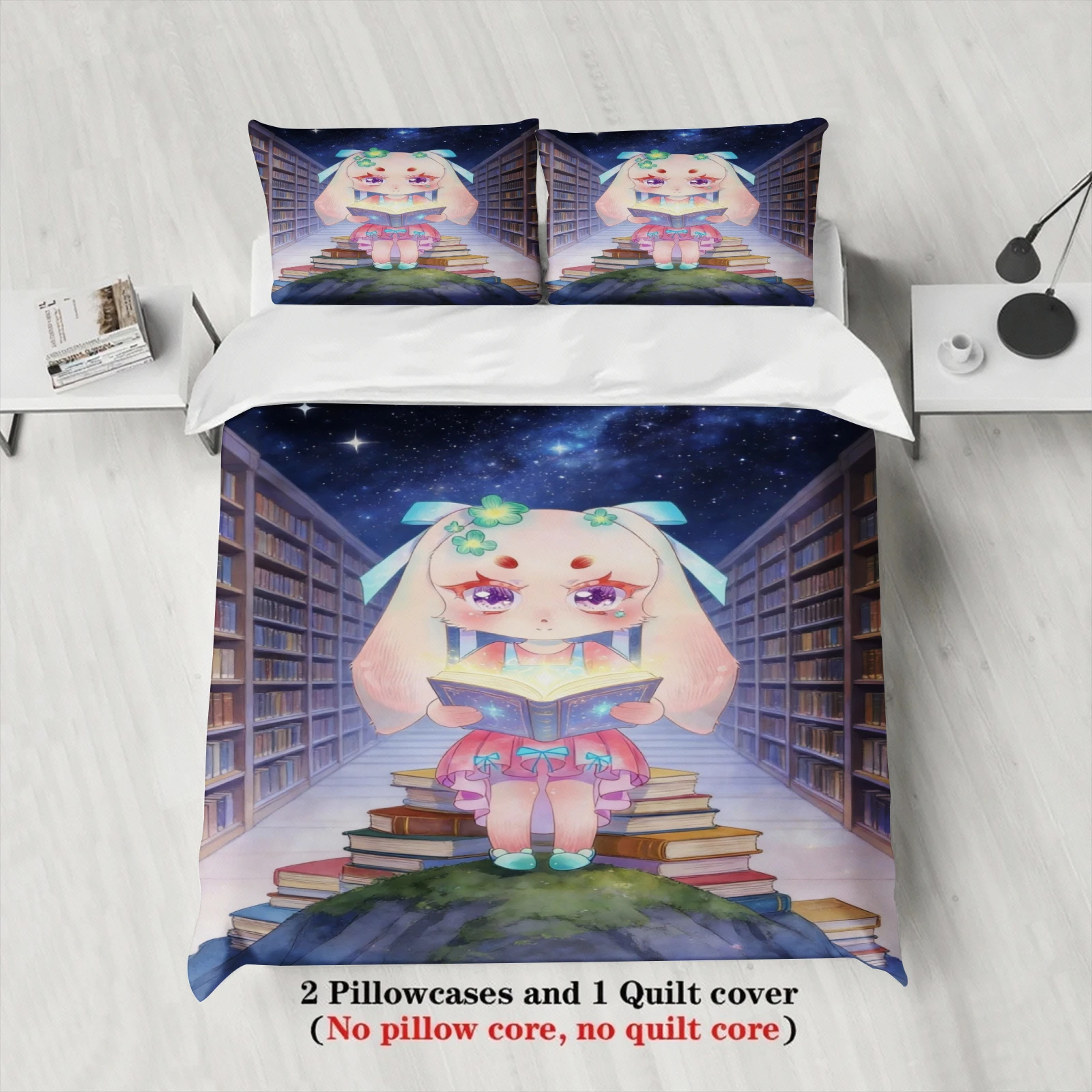 Softville Cozy Town 3PCS Bedding Sets Lop Rabbit Sitting On Books Pint Duvet Cover No filling Cartoon Style Queen King Size