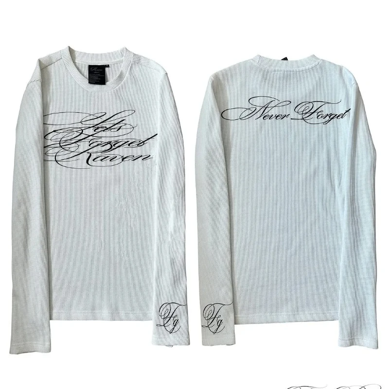 Y2K Street Style Men's and Women's Basic Warm Hoodie Retro Floral Letter Printed Loose Waffle Long Sleeve Casual T-shirt