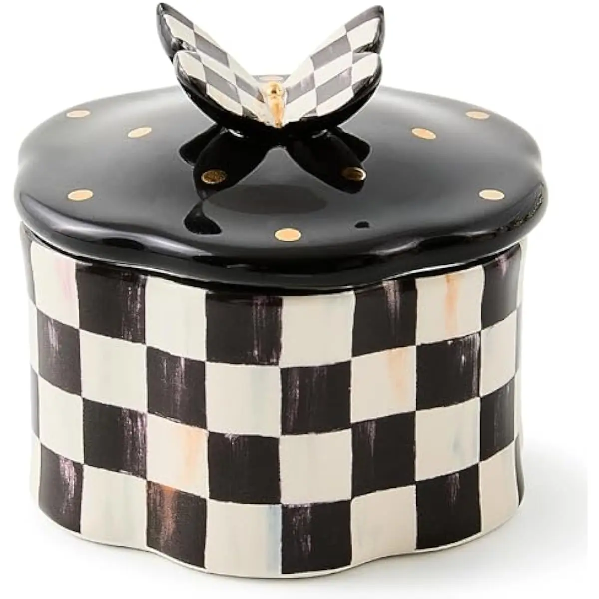 Ceramic Decorative Storage Box with Hand-Painted Black-and-White Check Base and Scalloped Butterfly Lid Featuring Gold Dot Accen