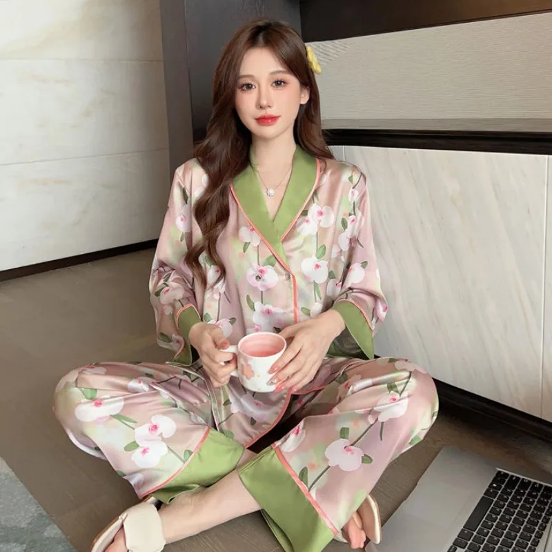 2024 New Spring Autumn Women Pajamas Female Thin Artificial Silk Long-Sleeved Trousers Homewear Suit Casual Cardigan Sleepwear