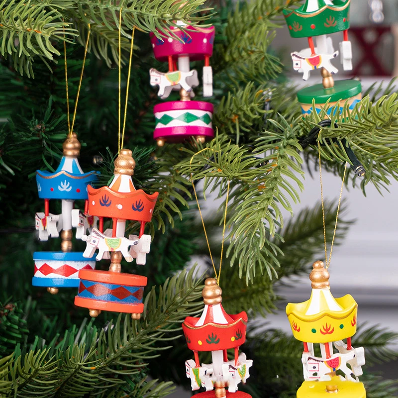 

6pcs/box Christmas Set Gift Christmas Desktop Decoration Atmosphere Christmas Decorations Wooden Carousel Christmas Tree Pendant