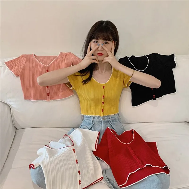 Women's Patchwork Short Sleeve Knitted Casual T-Shirt Sweet Crop Tops for Women