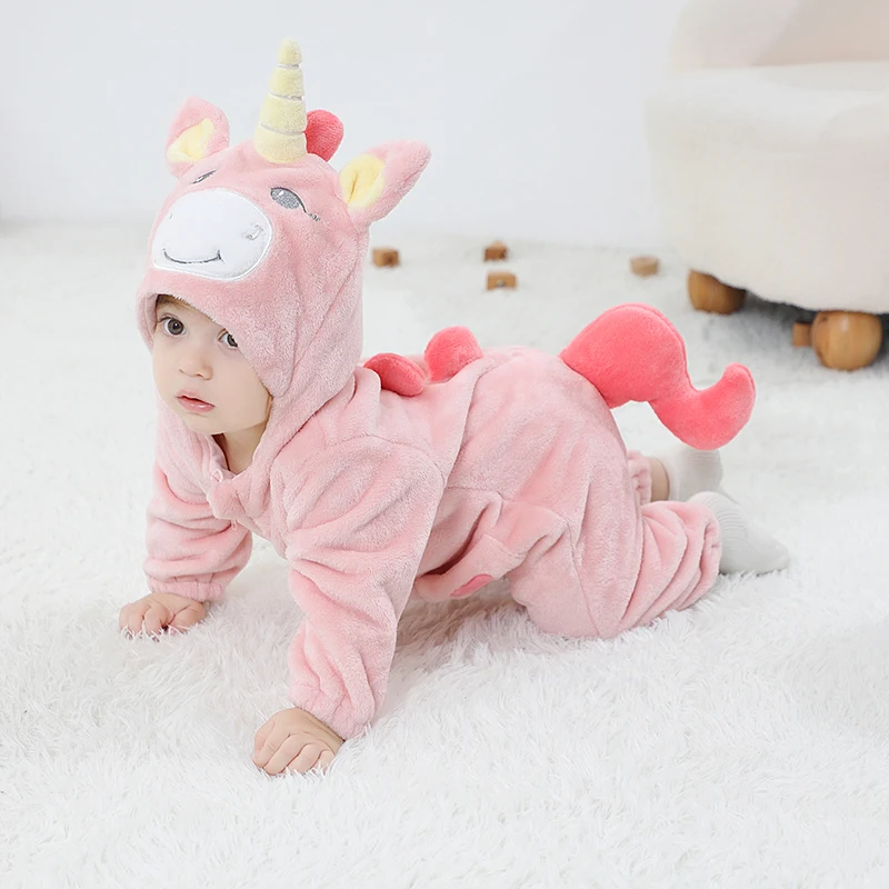 

New Unicorn Lovely Baby Girls Clothes Rompers Infant Cartoon Kigurumis Baby Onesie Bodysuit Newborn Hooded Flannel Jumpsuits