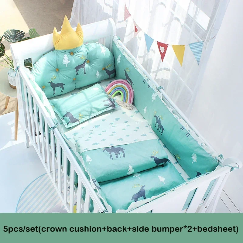 5pcs Baby Crib Bumper Bed Linen Kit Cotton Baby Bedding Set Include Crown Cushion+3pcs Cot Protect bumpers+Bed Sheet ZT116