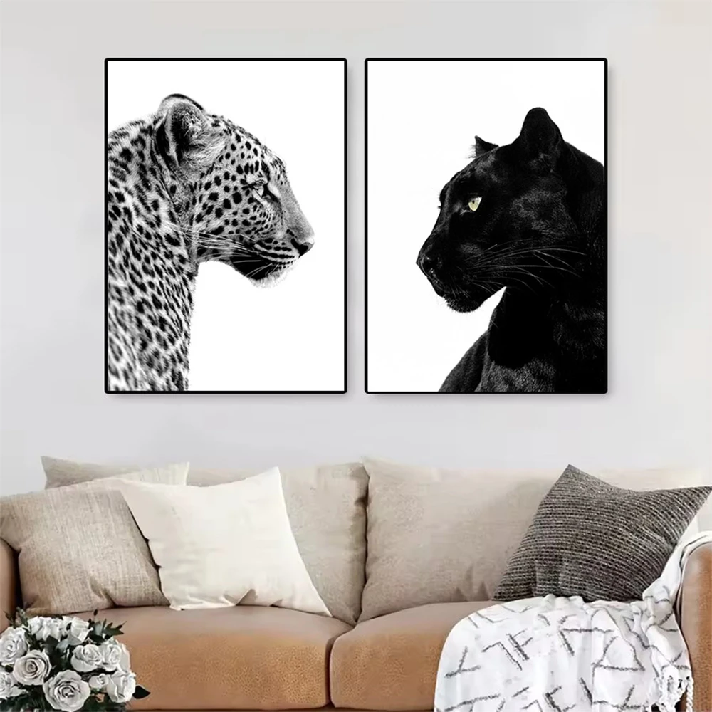(No frame)Impresiones artísticas de leopardo y pantera en blanco y negro, pintura en lienzo, póster de animales salvajes, imá