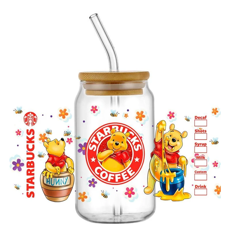 Miniso Disney Cartoon Bear Winnie the Pooh Pattern UV DTF Transfer Sticker Waterproof Transfers Decals For 16oz Glass Cup Wrap