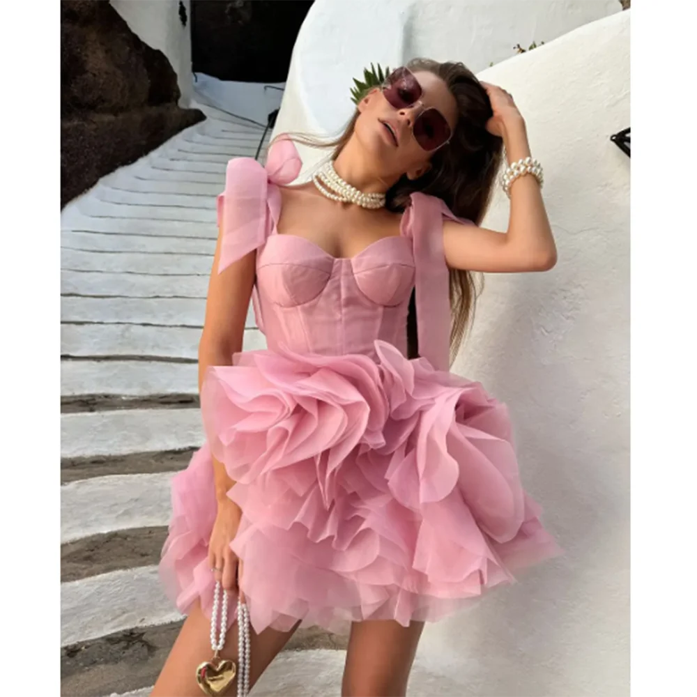 

Elegant Pretty Pink Women Prom Dresses Spaghetti Strap Sweetheart Above Knee Length Fancy Flowers Sweet Daily Female Prom Gowns