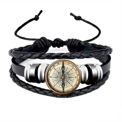 Vintage Compass Picture Glass Dome Snap Button Bracelet Multilayer Woven Leather Bracelets For Men Boys