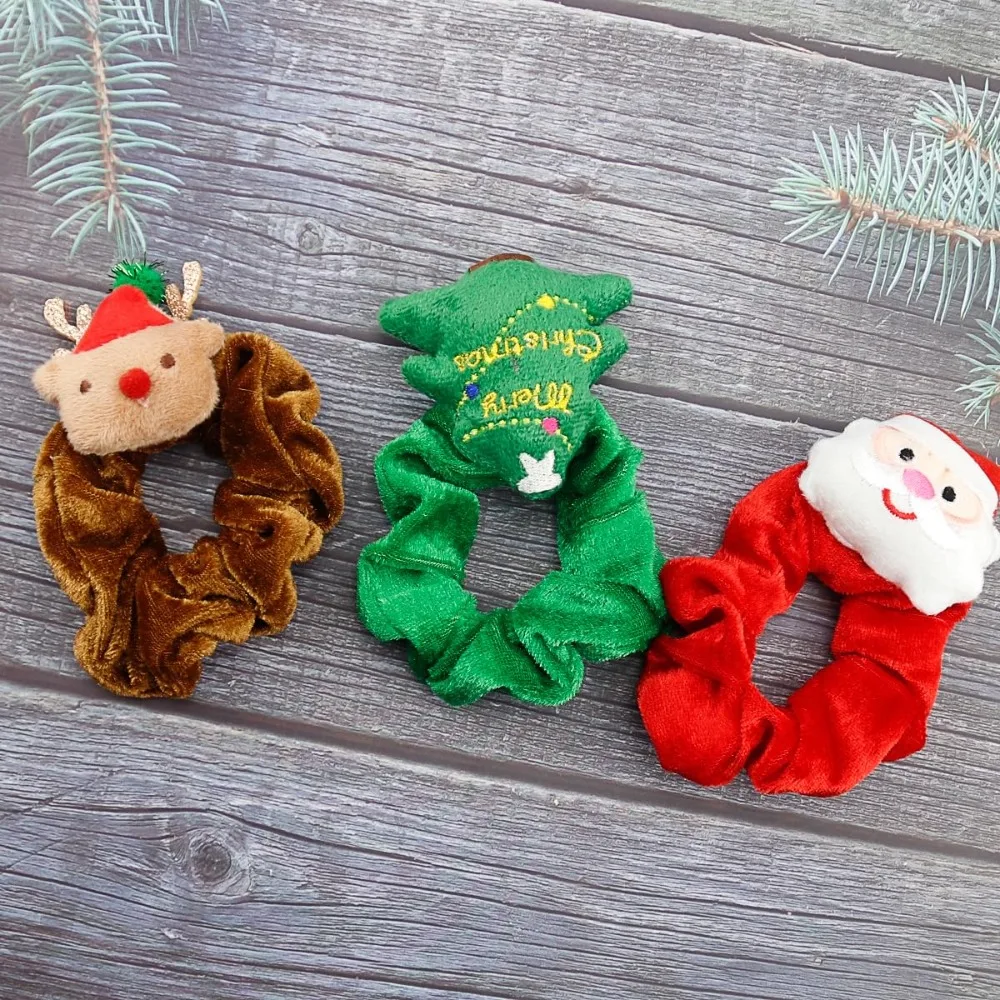 Christmas Hair Scrunchies – 3 Pcs Silk Elastic Bands with Tree, Santa & Elk Print – Red Green Brown Checkered