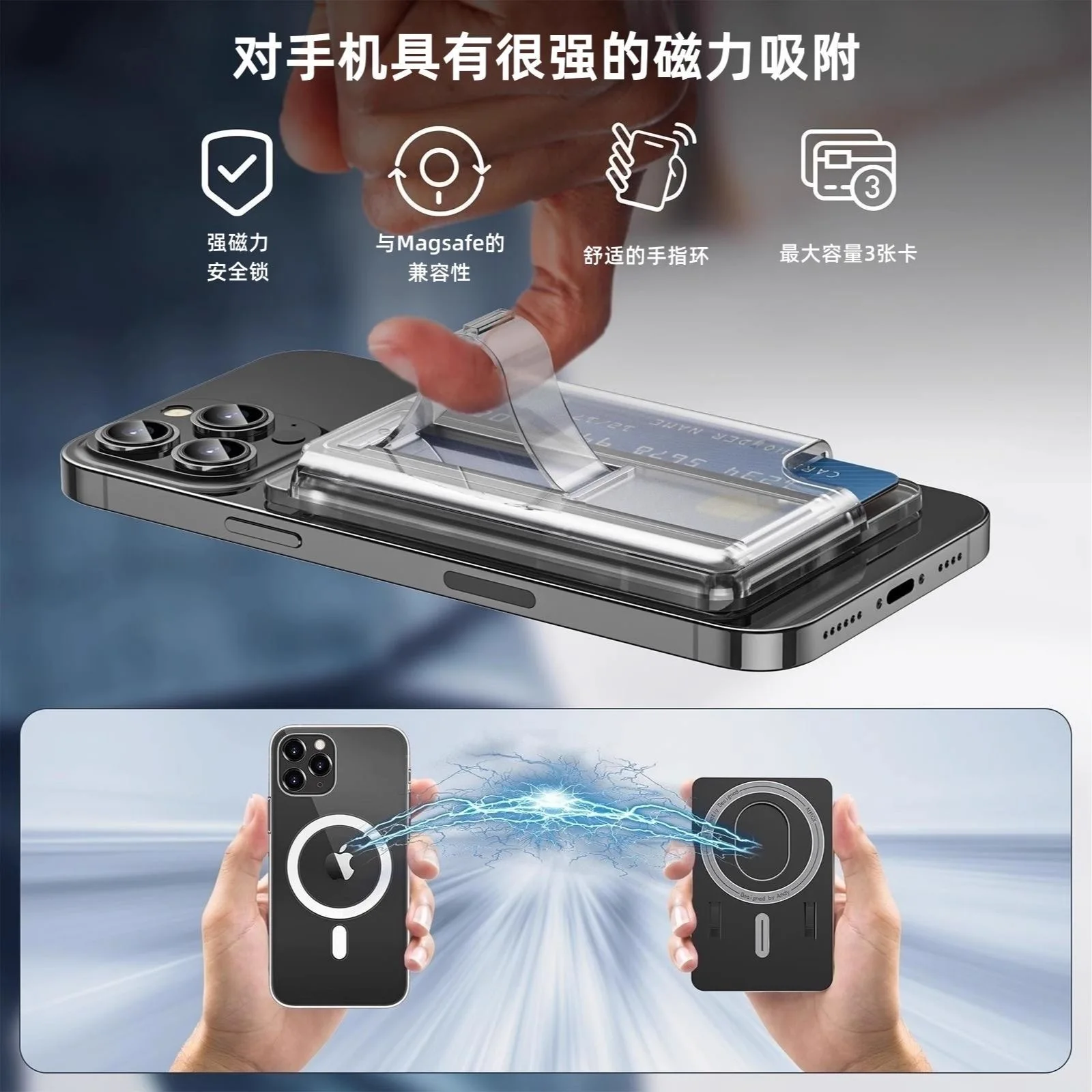 

2pcs The transparent Magsafe magnetic card holder is suitable for the full range for iPhone back clip 2-in-1