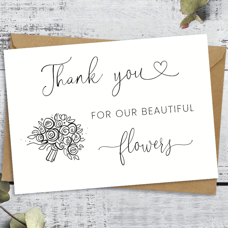 Elegant florist thank you card - "Thank you for our beautiful flowers" with heart-shaped design, perfect for weddings or special occasions, florist thank you | Elegant calligraphy | Detailed flower illustrations, florist gifts