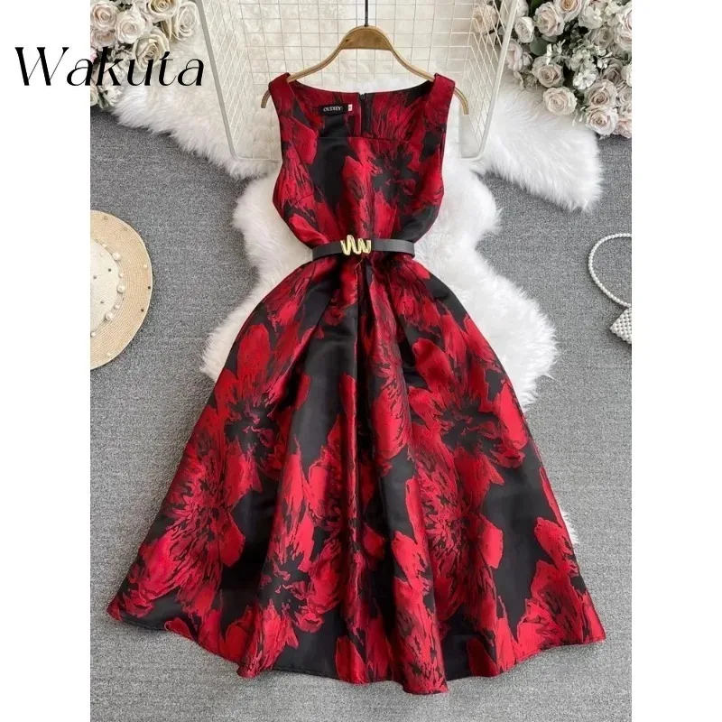 WAKUTA New Summer Jacquard Dress Women's Sleeveless Tank O Neck Vacation Floral Print Belt Ball Gown Long Robe Vestidos