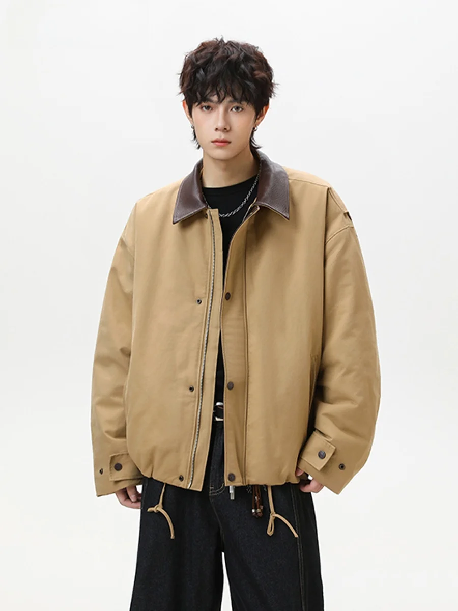 

Detroit American Retro Patchwork Leather Collar Loose Workwear Jaet Men's Spring Autumn Outerwear for Couples Casual Sle