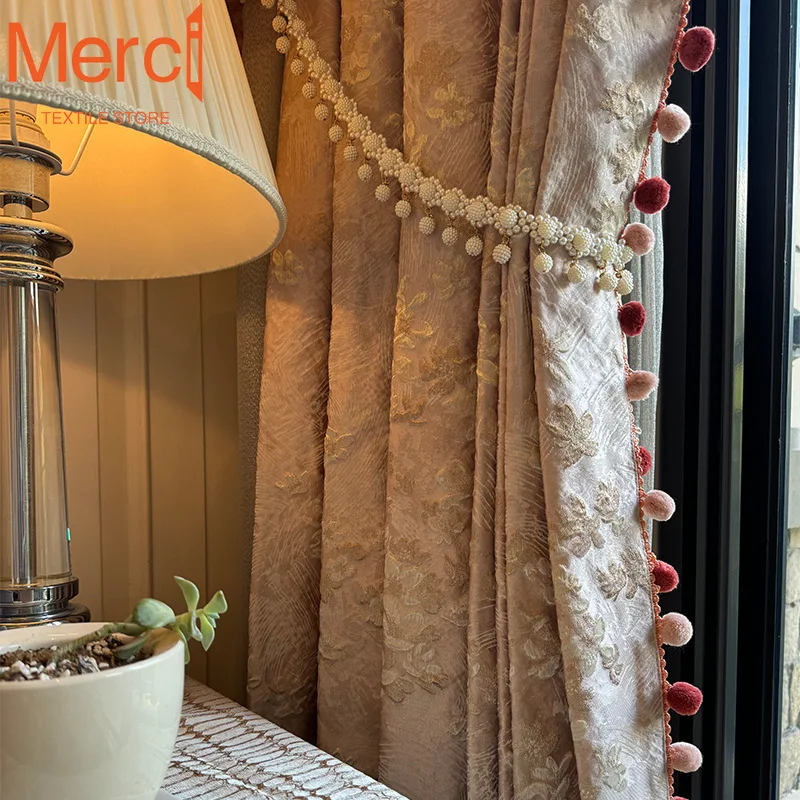 Pink Camellia Curtains Light Luxury Gold Wire Jacquard Blackout Curtains for Bedroom High Precision Curtains for Living Room