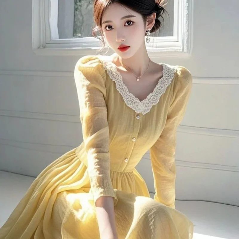 2025 novas senhoras temperamento rendas retalhos o pescoço manga longa vestido elegante outono moda simplicidade plissado vestido longo feminino