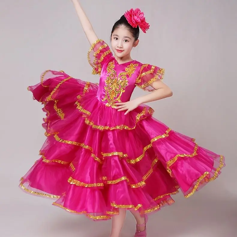 Traje espanhol desempenho menina flamenco vestido de dança de salão saia para meninas criança dança estudante vestidos trajes para crianças