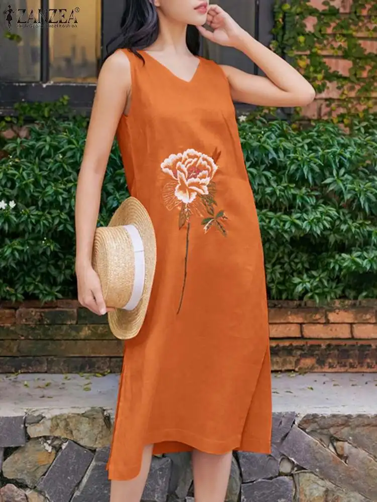 

ZANZEA V Neck Holiday Tank Vestidos Casual 2024 Summer Daily Floral Embroidery Midi Dresses Women Sleeveless Side Slit Sundress