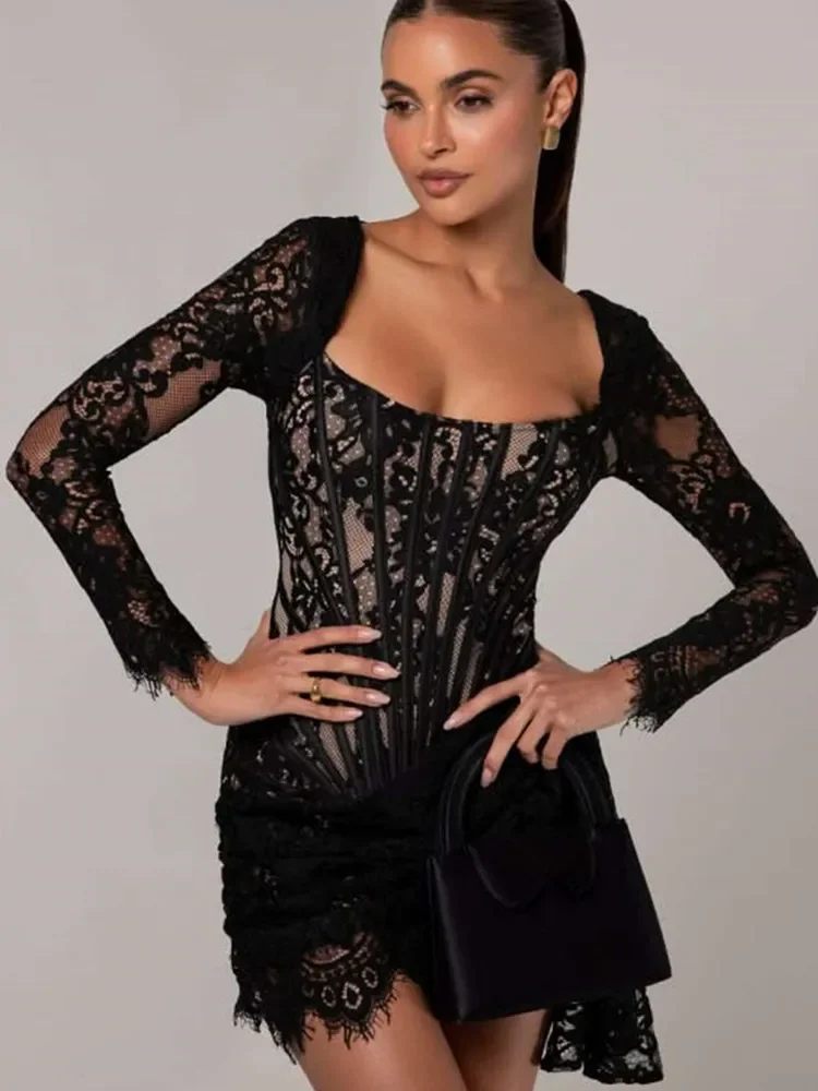 

2024 New Arrival Luxury Women Celebrity Sexy U Neck Black Lace Mini Bodycon Gowns Dress Elegant Evening Party Club Vestido