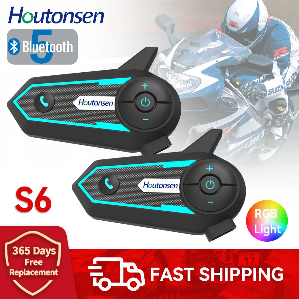 Houtonsen S6 Motorcycle Helmet Headset RGB 3 Color Ambient Light Waterproof Walkie-talkie Bluetooth Music Player Hands-free Call