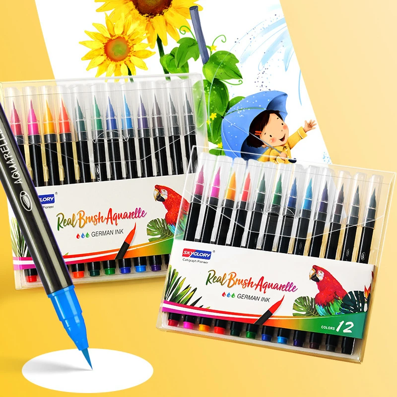 12/24/36 Colors Watercolor Pencil with Soft Brush Water-soluble Dyeing Professional Painting Outline Comic Design Paint 