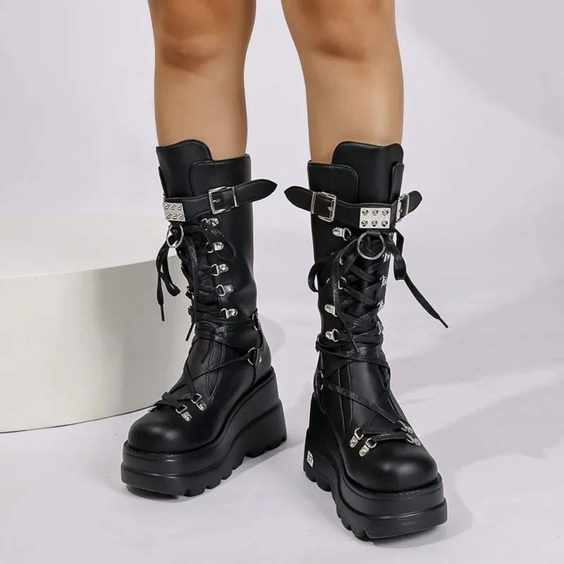 النساء أحذية عالية تأثيري منتصف العجل الأحذية عالية منصة أسافين الأحذية 2025 الخريف الشتاء جديد مصمم الأحذية القوطية للنساء بوتاس #1