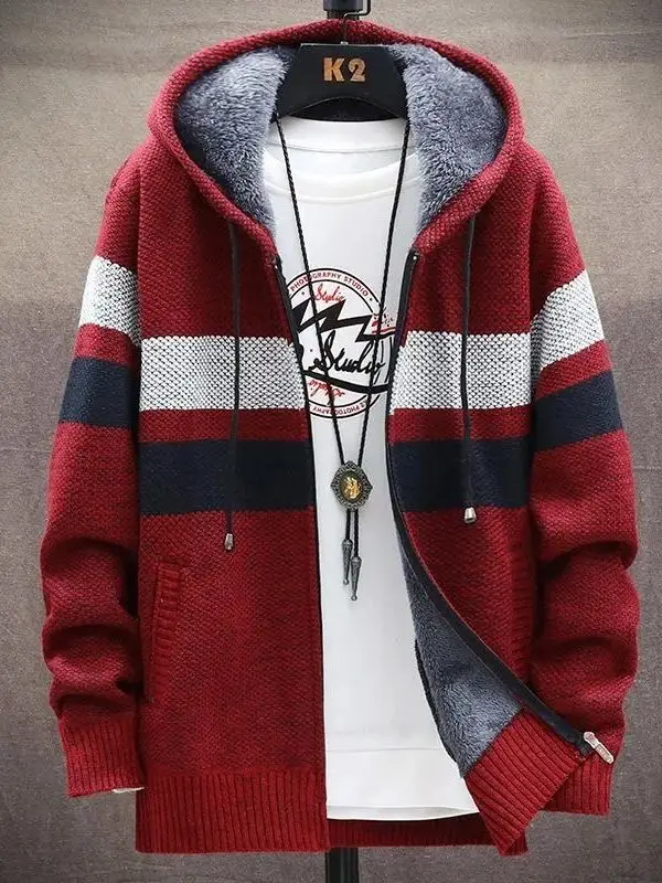 

Thiened Fce Men's Knitted Hat Autumn Winter Sle Warmth Outerwear Korean Trendy Hooded Cardigan Long Sve Collar
