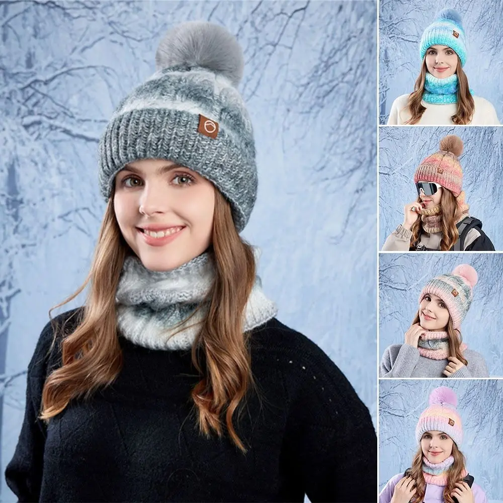 Gradient Color Knitted Hat Scarf Set Cold-proof Windproof Beanies Caps Thickened Winter Warm Cycling Skiing Skullcap for Woman