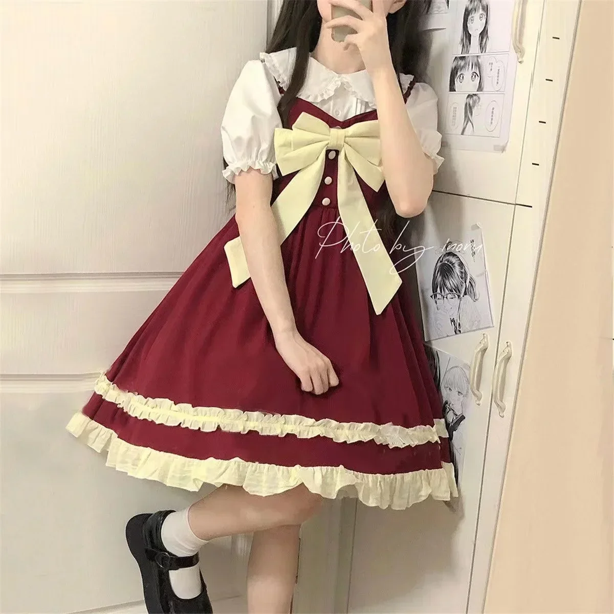 Japanese College Style Lolita Bow Dress Female Student Summer Doll Collar Shirt Strap Skirt Two Piece Set