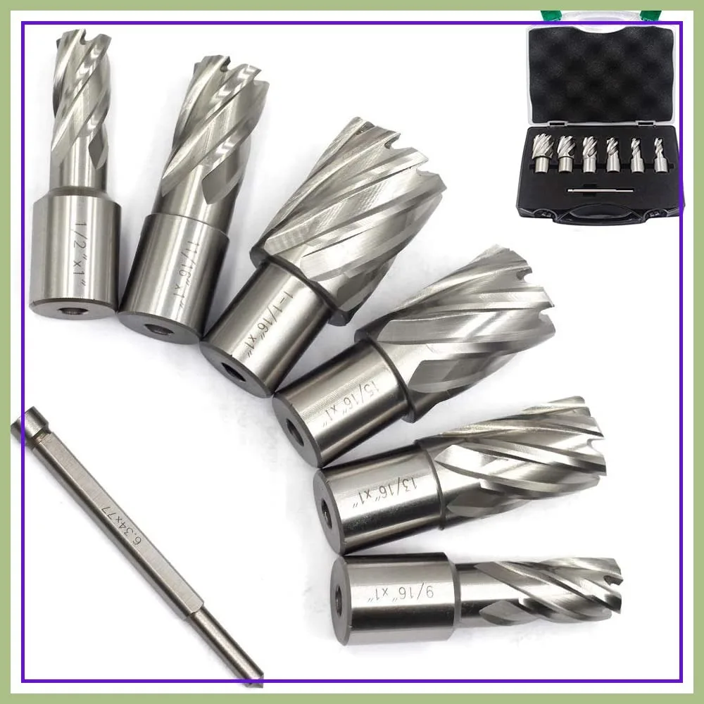 

7-Piece Annular Cutter Set, 3/4" Weldon Shank, 1" Cutting Depth, 1/2 to 1-1/16" Diameter, 2 Flats, HSS Mag Drill Bits Kit with Pilot Pin