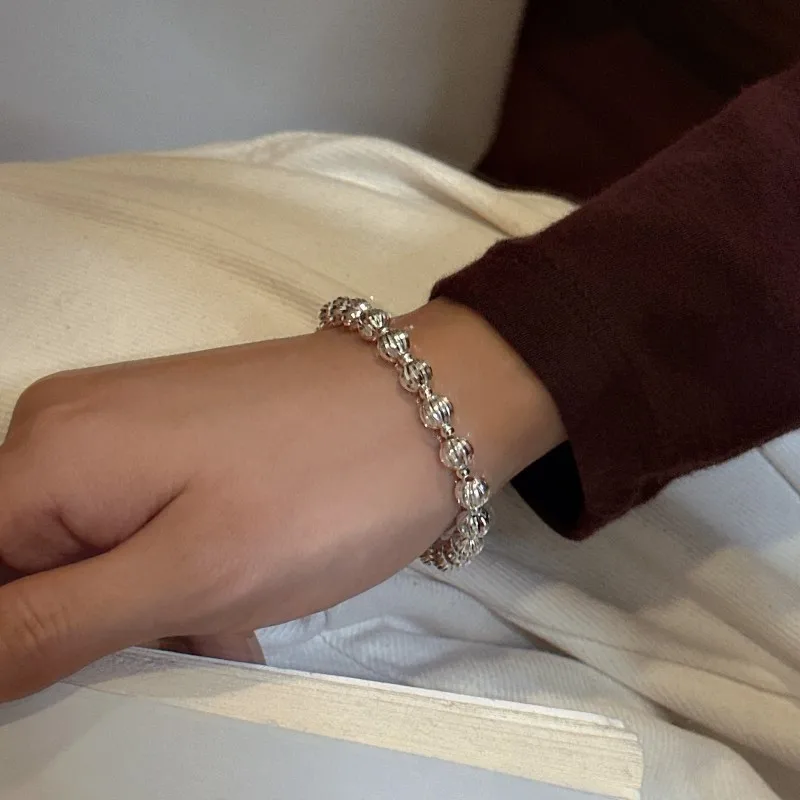 S925 Sterling Silver Korean Version Niche Design Car Flower Flash Round Bead Bracelet Simple Jewelry