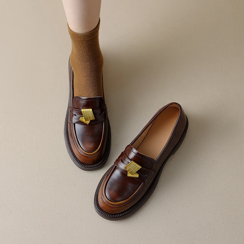 

Женские лоферы из натуральной кожи на плоской подошве на низком каблуке Faion Single oes Весна Осень Золотые синие Ретро Briti Sle Deer And Nara