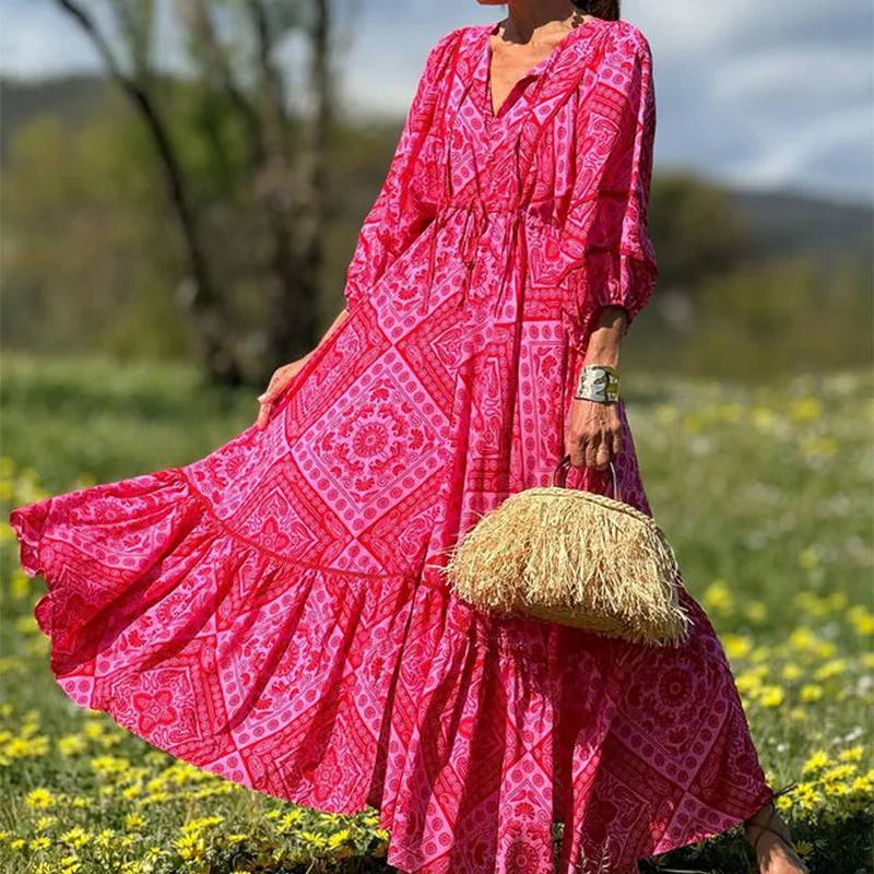 

Summer Loose-fit Long Dress High-waisted Tied Side Slit 3/4 Sleeve Printing V-neck Bohemian Casual Red Sundress