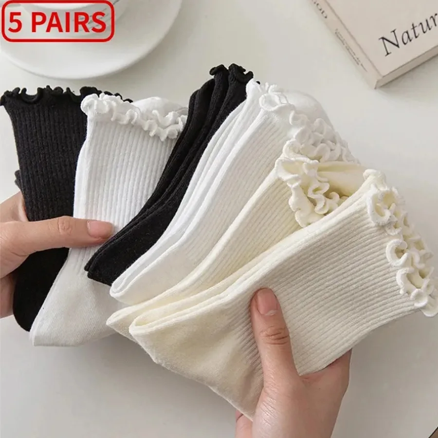 5 Pairs/batch Women's Ruffled Cotton Mid Tube Short Socks Breathable Black and White Set for Spring and Autumn