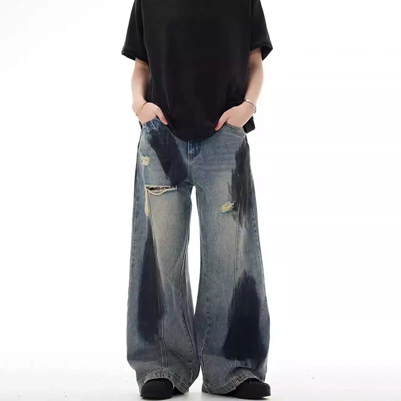 Retro herenbroek met rechte pijpen, casual broek, gescheurde denim, jeans in paarstijl, mode-jeans, blauwe jeans met kleurblokken