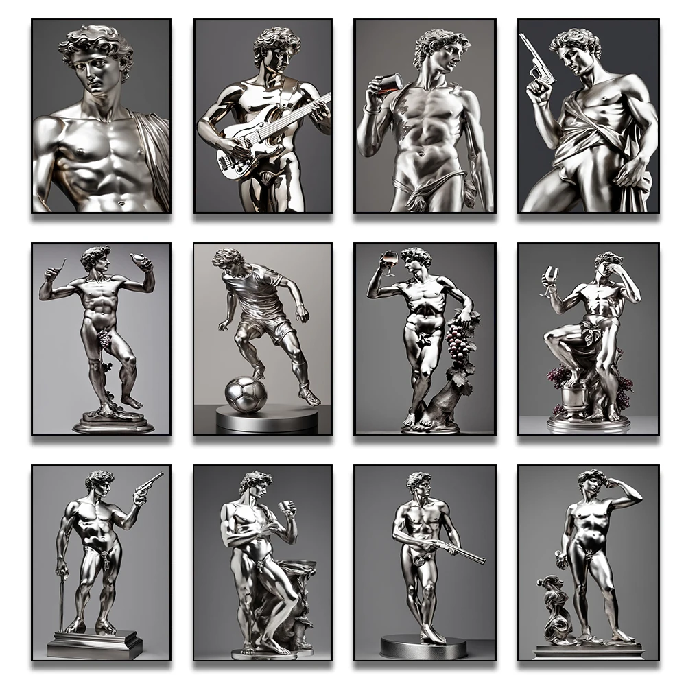 

Funny Michelangelo David Silver Sculpture Poster Prints For Living Room Home Decor Figure Statue Canvas Painting Wall Art