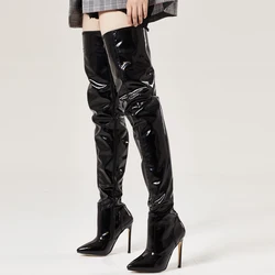 jialuowei Thigh High Boots Stiletto Heels Sexy Full Zipper Over-the-knee Long Boots Lacquered Patent Black Plus Size 36-46