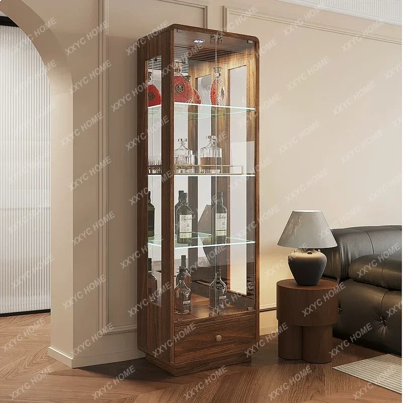 XX Walnut Wine Cabinet with Lock Glass Door Double Door Display Storage Cabinet for Living Room