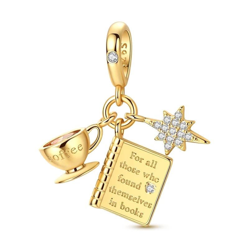 925 Sterling Silver Gold Plated Charms Bead CZ Zircon Coffee Cup Book Starburst Dangle Fit Original Bracelet Women Jewelry Gift
