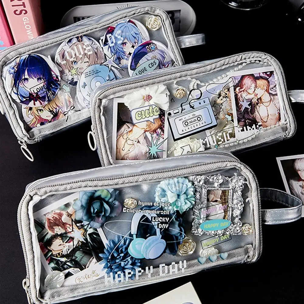 Estuche de lápices portátil de moda, bolsa de papelería transparente plateada, organizador de escritorio creativo de gran capacidad, suministros escolares para estudiantes