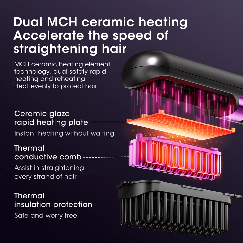 Portable Hair Straightener Brush 4 Temp Setting Cordless Straightening Comb LED Display Ceramic Coating Ionic Technology Styling view 3