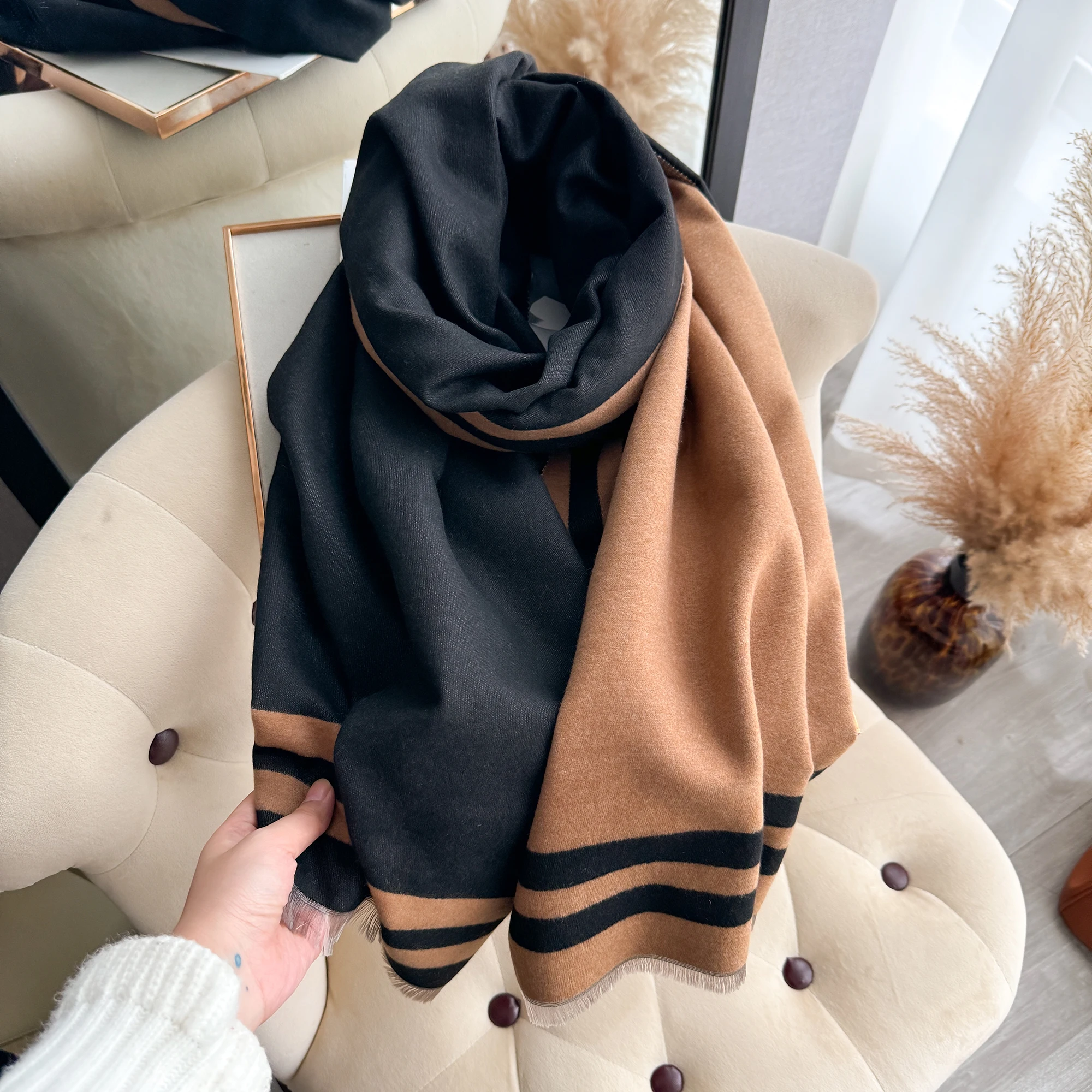 Cashmere Scarf Wrap - Women's Geometric Stripe Imitation Cashmere Shawl,