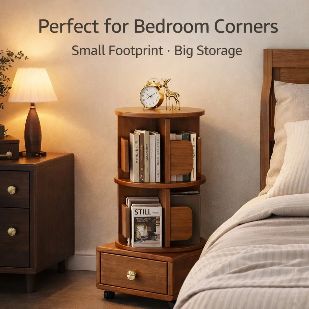 Mesa de Noche Giratoria de Madera Maciza con Almacenamiento, Estantería Móvil con Cajón y Ruedas para Dormitorio o Sala de Estar