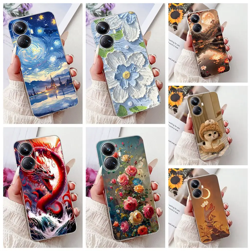 

For Realme 10 Pro Plus Case Clear Cute Cat Fashion Flowers Cool Painted Back Cover For Realme 10 Pro+ Phone Case RMX3687 RMX3686