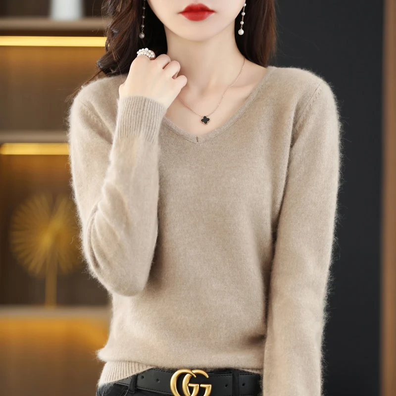 BELIARST 2024 Autumn Winter New Women\'s Clothing Sweater 100% Mink Cashmere Velvet V-Neck Pullover Knitted Large Size Tops