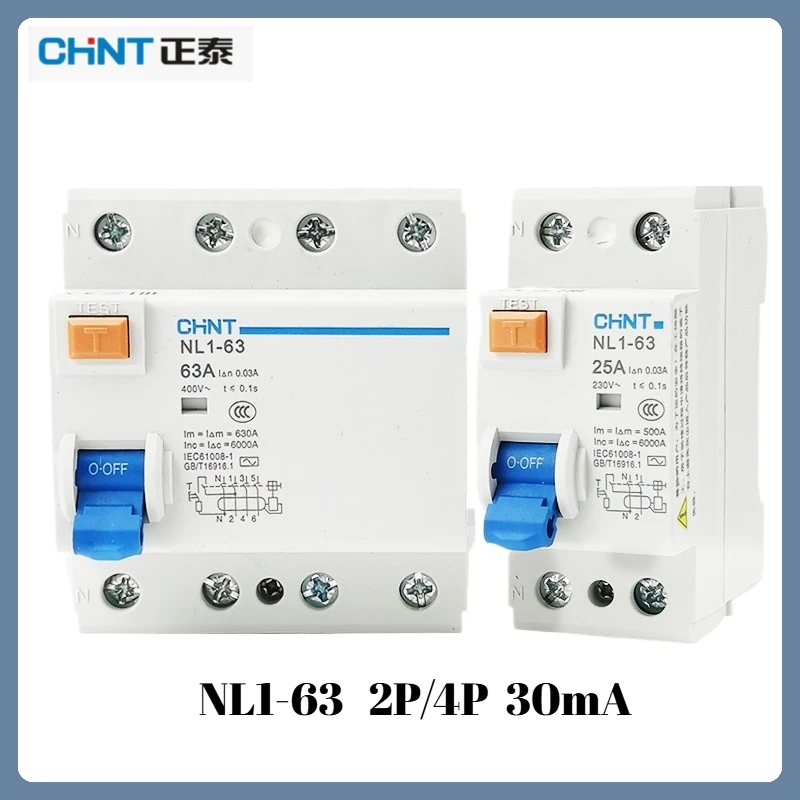 Authentic Chint NL1-63 Residual Current Breaker - 2P/4P 30mA Electromagnetic Trip for Commercial Buildings