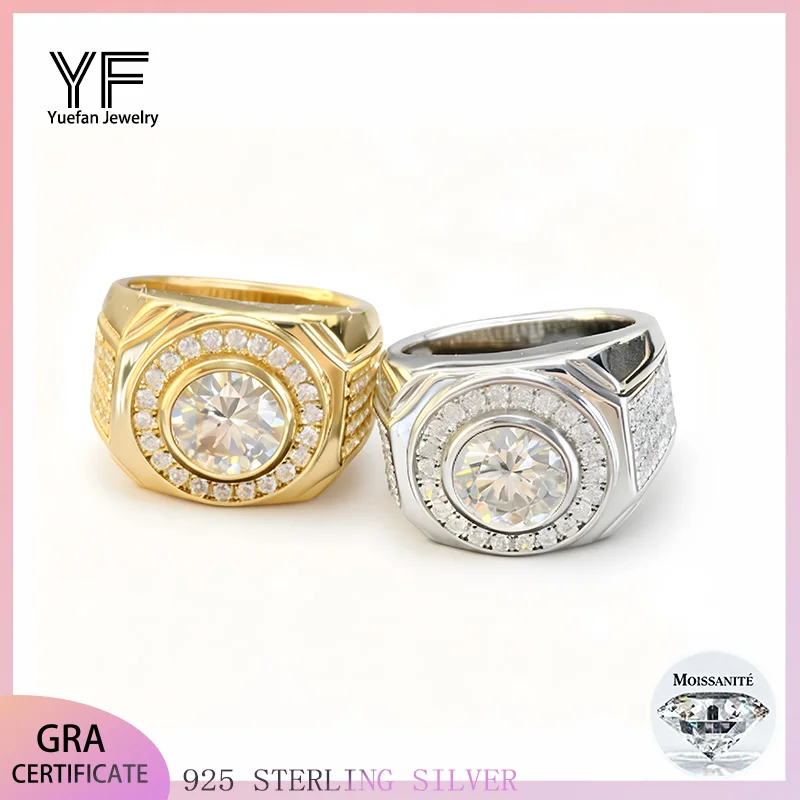 

Luxurious 2CT moissanite men's ring, 100% pure 925 sterling silver plated with 18k gold jewelry, anniversary wedding gift