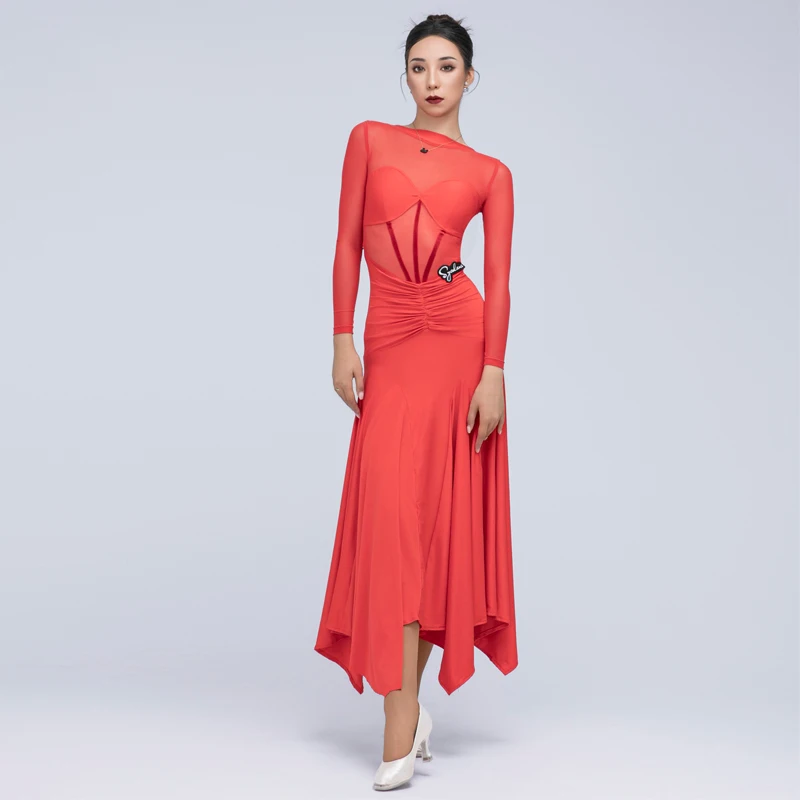 High-End Waltz Ballroom Dance Professional Dresses Women Red Long Sleeved Latin Dance Competition Costume Stage Wear DW10457