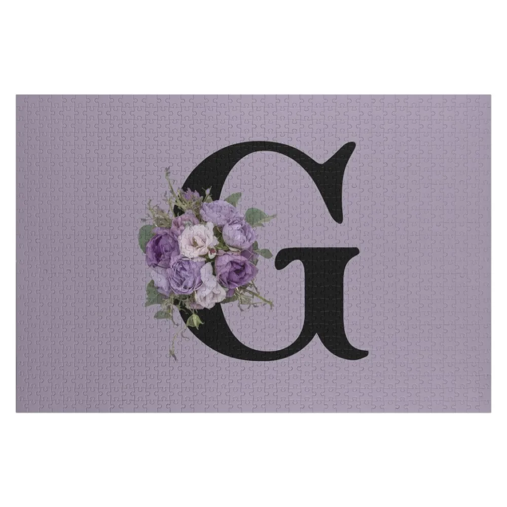 

monogram name floral black initial letter G English alphabet cute pretty colorful roses lavender purple flowers co Jigsaw Puzzle
