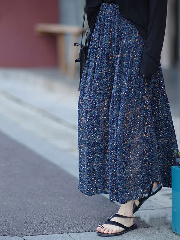 

Spring Summer New Floral A-Line Midi Skirt Slimming Long Over-Knee Gown Vintage Artistic Sle l Waist Other Material